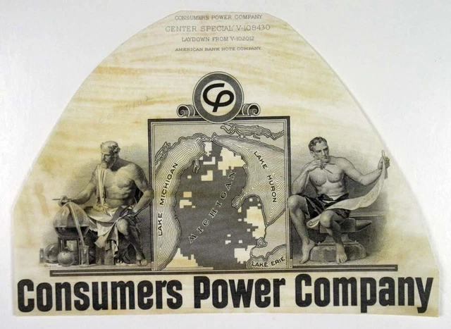 ABN Proof Bond Title "Consumers Power Co." 1950s Intaglio AU Stains Black ABNC