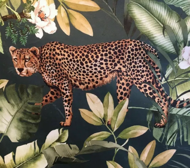 Botanical Tropical Jungle Green Italian Velvet Printed Fabric Leopard by Metre