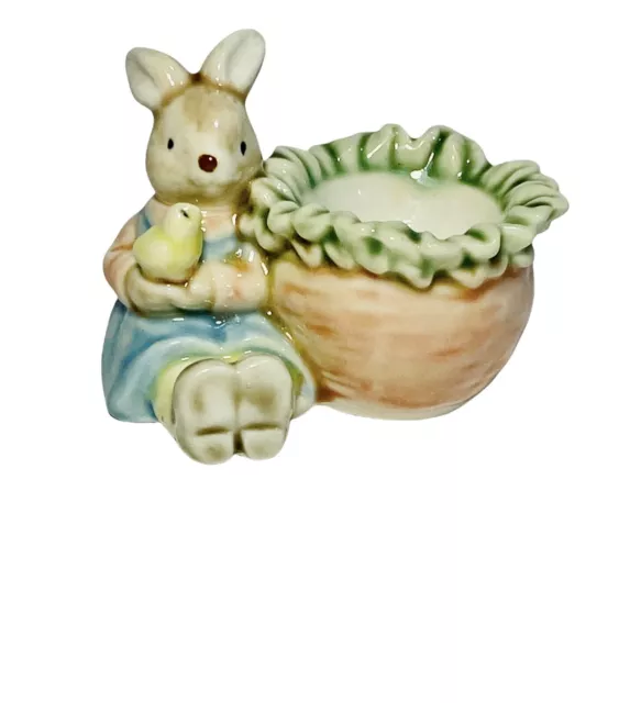 Porcelain Bunny Rabbit w/Baby Chick Figurine Tea Light Candle Holder Easter