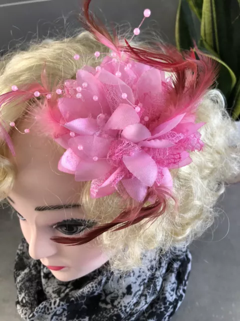 Pink Flower Feather Mesh Fascinator Corsage Bead Hair Clip Hairband Bobble