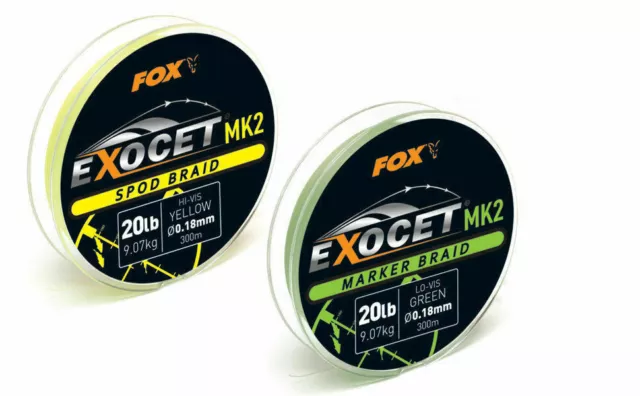 Fox Exocet MK2 yellow spod braid / green marker braid - 20lb, 300m spools