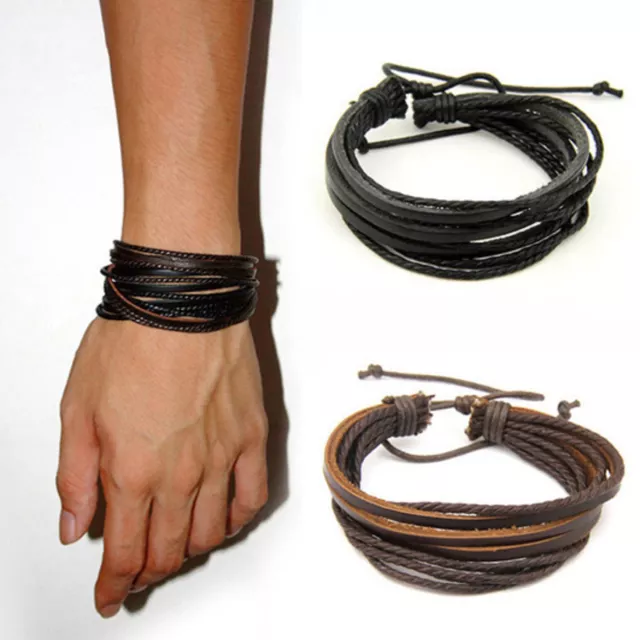 Adjustable Men Boys Handmade Leather Braided Surfer Wristband Bracelet Wrap Gift