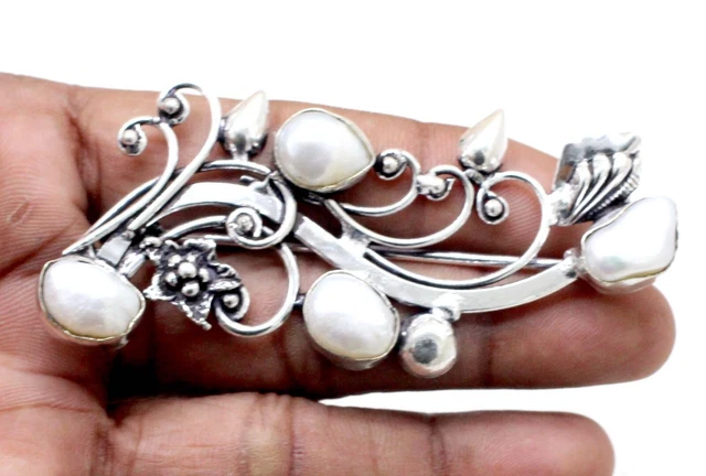 925 Sterling Silver Mother Of Pearl Gemstone Handmade Jewelry Brooch Size-2.50''