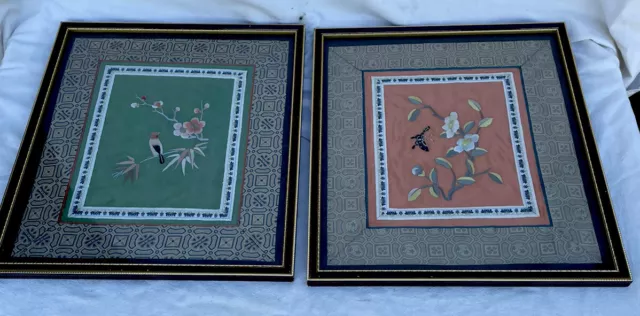 pair of  Silk Embroidered Panels Bird & Flowers professionally framed  nice cond