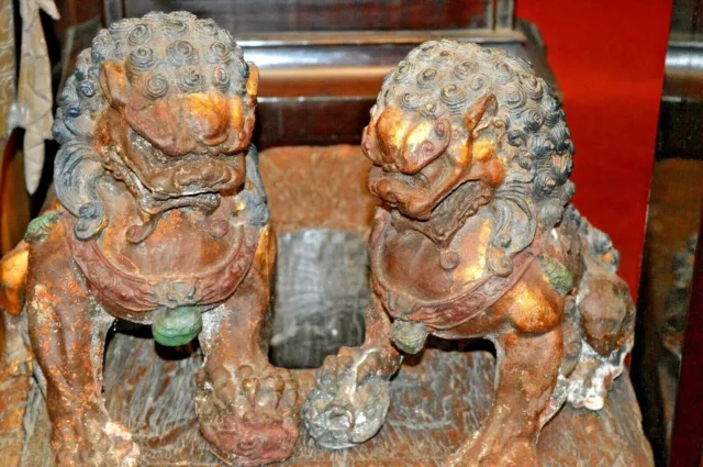 Pair Large Antique 19th Century Chinese Cast Iron Fo Dogs/Temple Lions,c1890