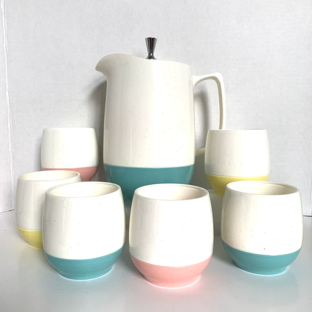 Vtg Vacron Bopp-Decker Insulated Plastic Server & 6 Cups Turquoise Pink Yellow