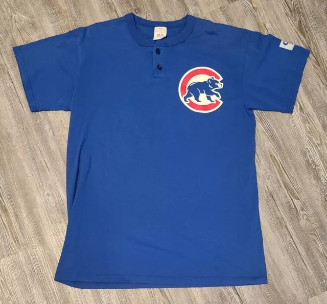 Vtg Majestic Chicago Cubs Blue Henley Button T Shirt Size Large MLB