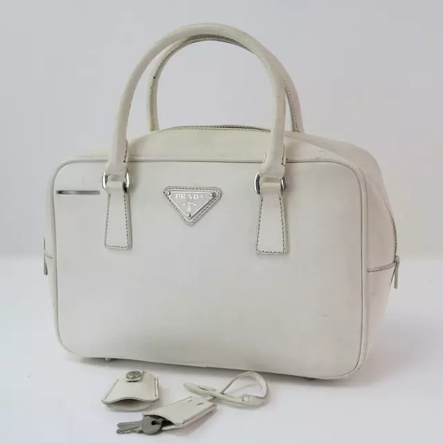 Authentic PRADA Bauletto White Saffiano Lux Leather Hand Bag Purse #56022