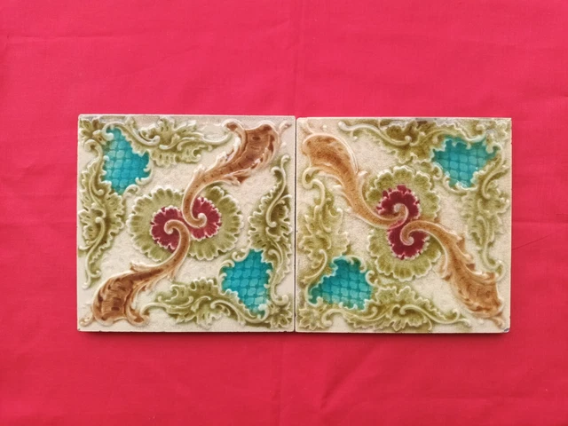 2 Piece Old Art Floral Design Embossed Majolica Ceramic Tiles England 0183