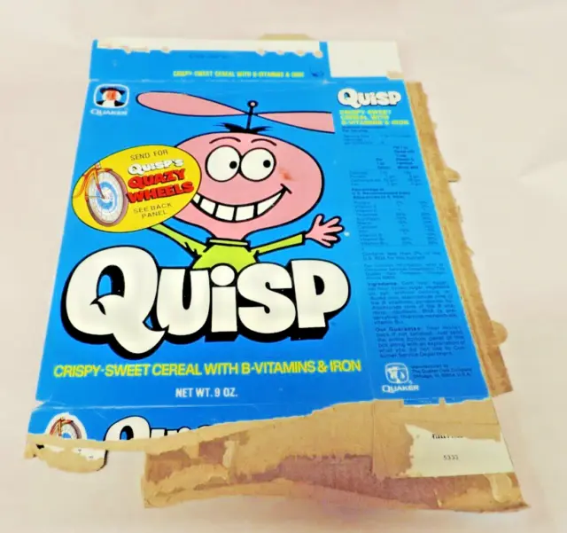 Quaker Oats Quisp Cereal Box Quazy Wheels  9 Oz Late 1970's Used
