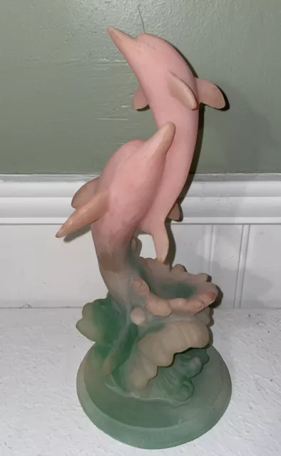 Vintage Jumping Dolphins Pink Green Resin Decorative Figurine Statue Waves