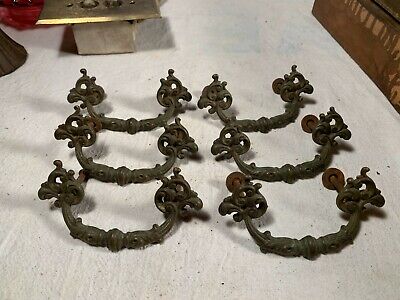 Victorian Embossed Cast Brass set of 6 Drawer Pulls Handles 3&7/8 inches wide