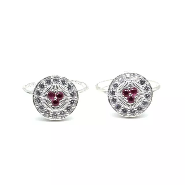 Real Solid 925 Silver Wheel Style Indian Women Pink White CZ Round Toe Ring Pair 2