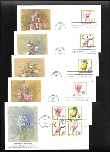 US FDC Orchids 1984 5 covers by Fleetwood 4 individual 1 block Scott 2076-79 |