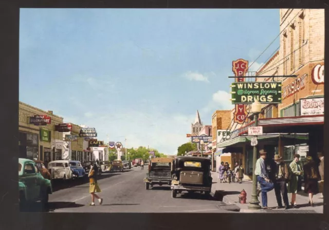 Winslow Arizona Downtown Street Scene Drug Store Route 66 Postcard Copy