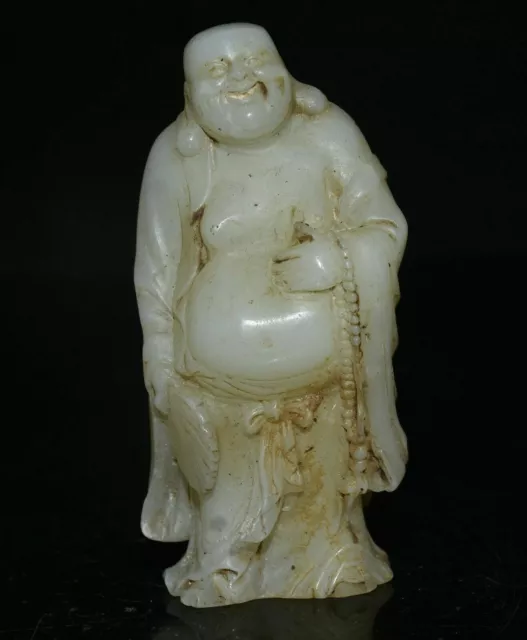 4.8" Old China White Jade Carving Feng Shui Happy Laugh Maitreya Buddha Statue