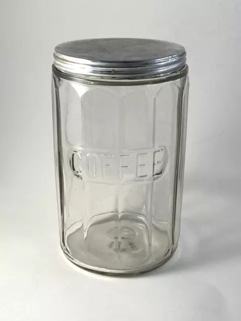 Vintage Hoosier Cupboard 12 Panel Glass Coffee Jar Canister with Aluminum Lid