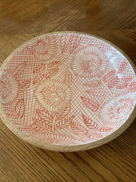 Opal House Mango Wood 10.5 in Bowl Lacquered Interior Red Flowers, India