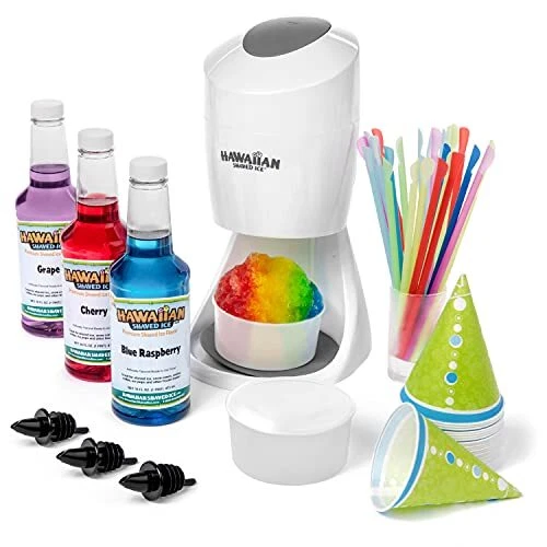 S900A Snow Cone Machine Kit with 3-16oz. Syrup Flavors: Cherry, Grape, and