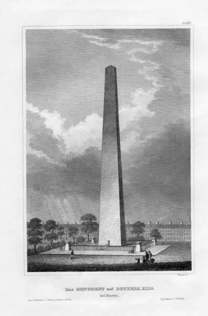 1850 - Boston Monument Obelisk Bunkers Hill Massachusetts America Stahlstich