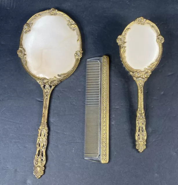 Ornate Brass Vintage Vanity Hand Held Mirror, Brush, & Comb Set