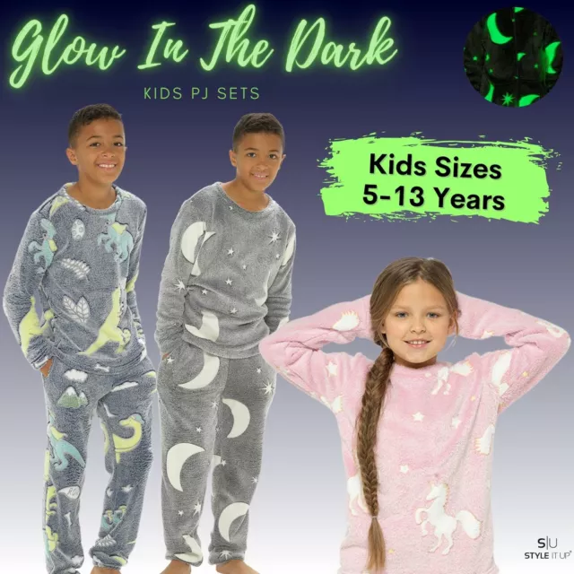 Set pigiama bambini ragazzi ragazze glow in the dark pile caldo morbido unicorno dinosauro pile