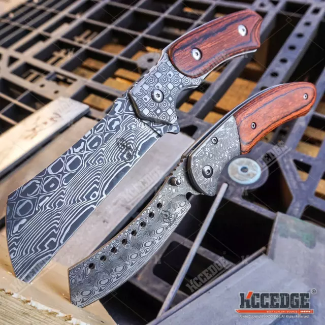 COMBO SET 2PC Etched Damascus FIXED BLADE Cleaver + SHAVER FOLDING KNIFE CLEAVER