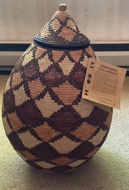 Handmade Traditional African ZULU Storage Basket New with Tag Signed AFRICA