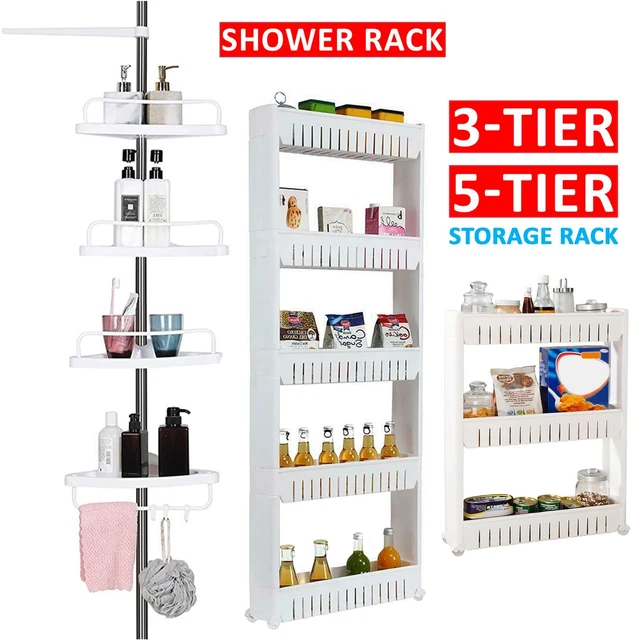 PLASTIC SHOWER CADDY Corner Shelf Bathroom Pole Rack Basket Kitchen