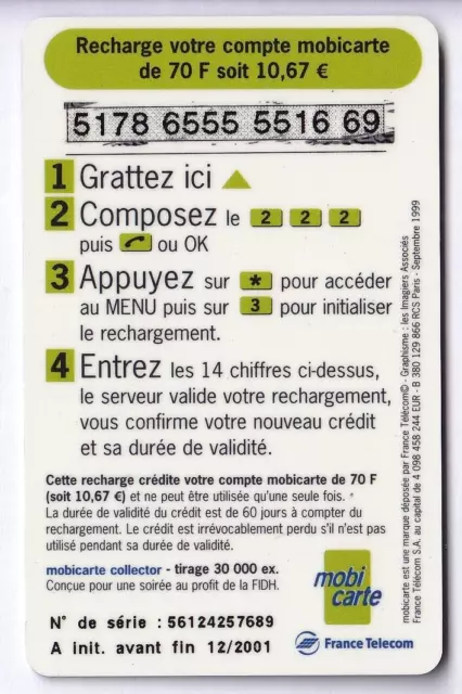 France Mobicarte Telecarte / Phonecard .. Pu22 70F Fidh 12/2001 Ut/Tbe C.220€ 2