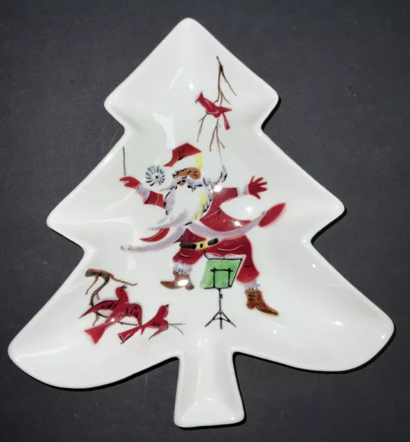 RARE Vintage Norcrest Christmas Tree-Shaped Dish Santa+Birds MCM 1950s Japan