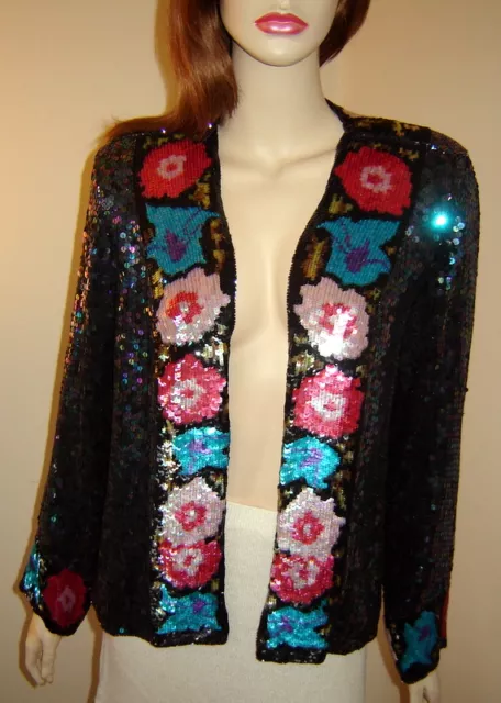 JUDITH ANN CREATIONS Open Front Iridescent Sequined Floral Silk Evening Jacket S