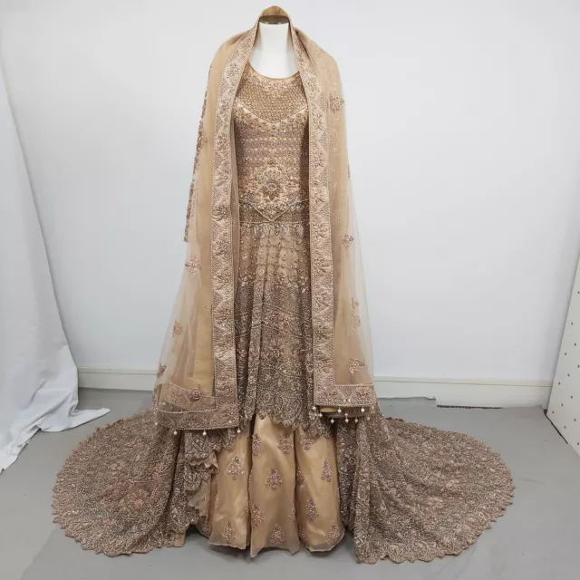 Zarkan Designer Bridalwear Anarkali Lehnga Gown Trail Dress Dupatta Size S Peach