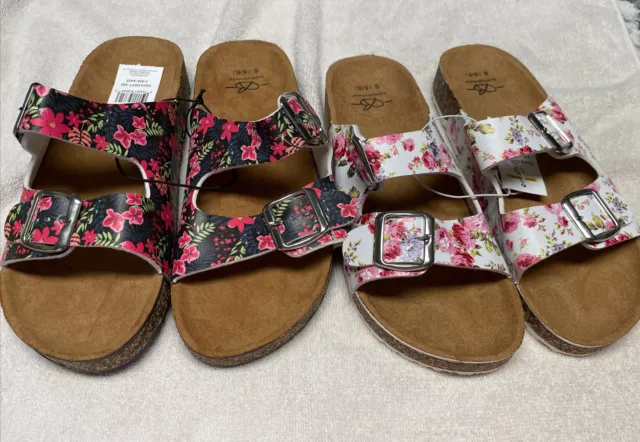 2 Pair Bobbie  Brooks Double Strap Sandals Floral Print Slides Womens Size S 5/6