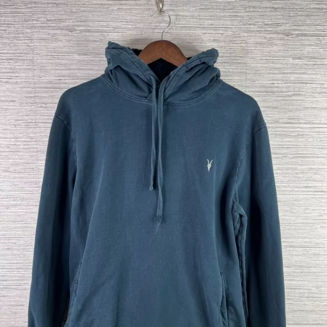 AllSaints Sweatshirt Mens Medium Blue Hoodie Embroidered Logo Casual Adult Dark