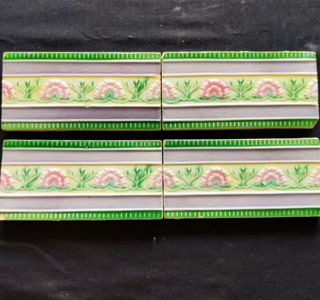 1940s Vintage Architecture Furniture Tile 4 Pc Floral Majolica Art England