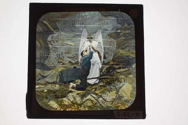 Sailor's Grave - Drowned Sailor & Angel - Tinted Glass Lantern Slide