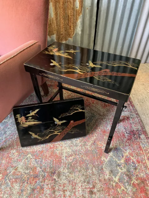 Antique Vintage Black Lacquer Chinoiserie Side Table Gold Cranes Hand Painted