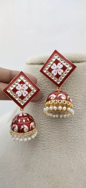 Boucles d'oreilles Bollywood indiennes à la mode Jhumka Designer Kundan...