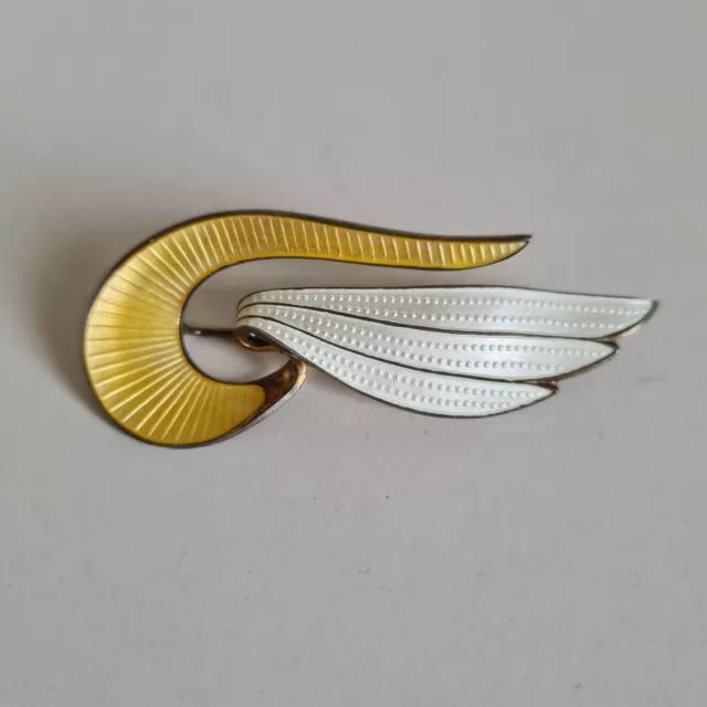 Vintage Sterling Silver Yellow & White Enamel Winged Aksel Holmsen Norway Brooch