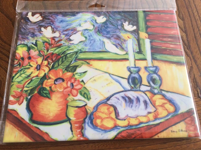 FIONA COLLINS 10" Glazed Terra Cotta Ceramic Tile Trivet "Shabbat Candles” Print