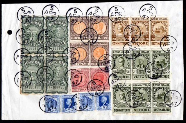 Italy 1947 Piece, Revenue Multiple Franking, Various Issues, 23 Stamps