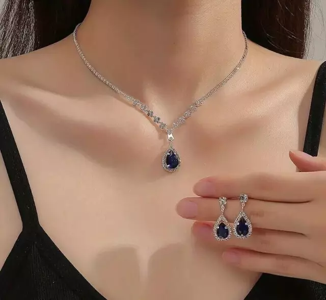 3 PCS Set Luxury Blue Rhinestone Zircon Water Drop Necklace Earrings New Fashion