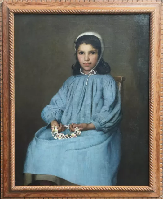 French 19Th Century Art Breton School  Portrait Oil Painting Girl With Daisies