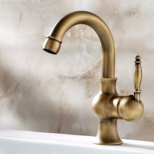 Antique Brass Bathroom Basin Faucet Swivel Spout Single Handle Sink Mixer Tap