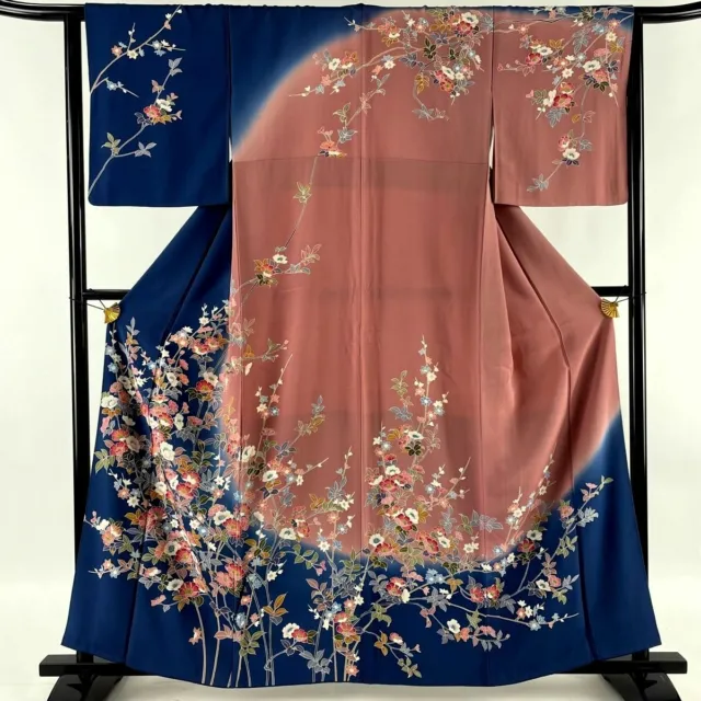 Japanese kimono  "HOUMONGI", A branch of flowers, Shading, Blue/Pink,L5' 3".3437