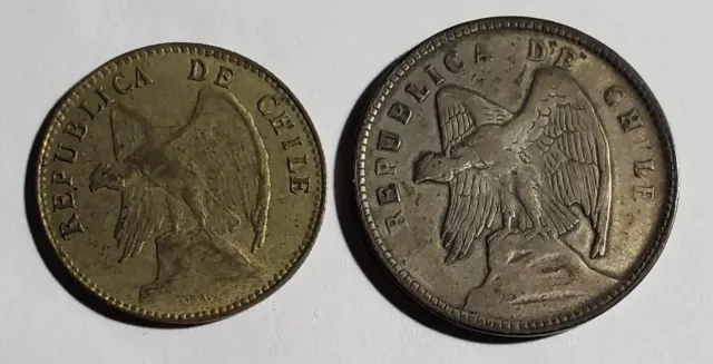 Chile 2pc Silver Coin Lot 1908 20 Centavos XF  & 1908 40 Centavos  VF