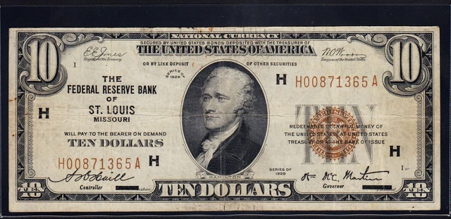 FR.1860-H 1929 St. Louis $10 Federal Reserve Bank Note VF