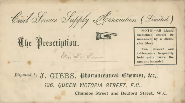 Antique Prescription Envelope Gibbs Chemist Queen Victoria St London