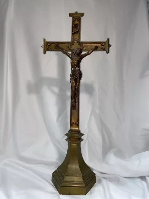 Large 26” Catholic Christian Jesus Brass Standing Altar Vintage Crucifix Cross